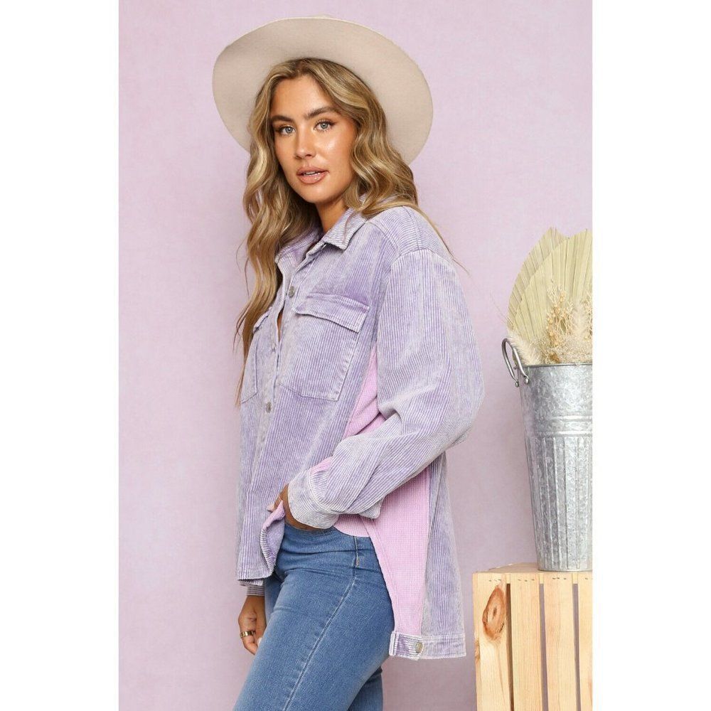 Peach Love Pink Lilac Corduroy Shacket High Low Contrast Button Up IJ34351-01